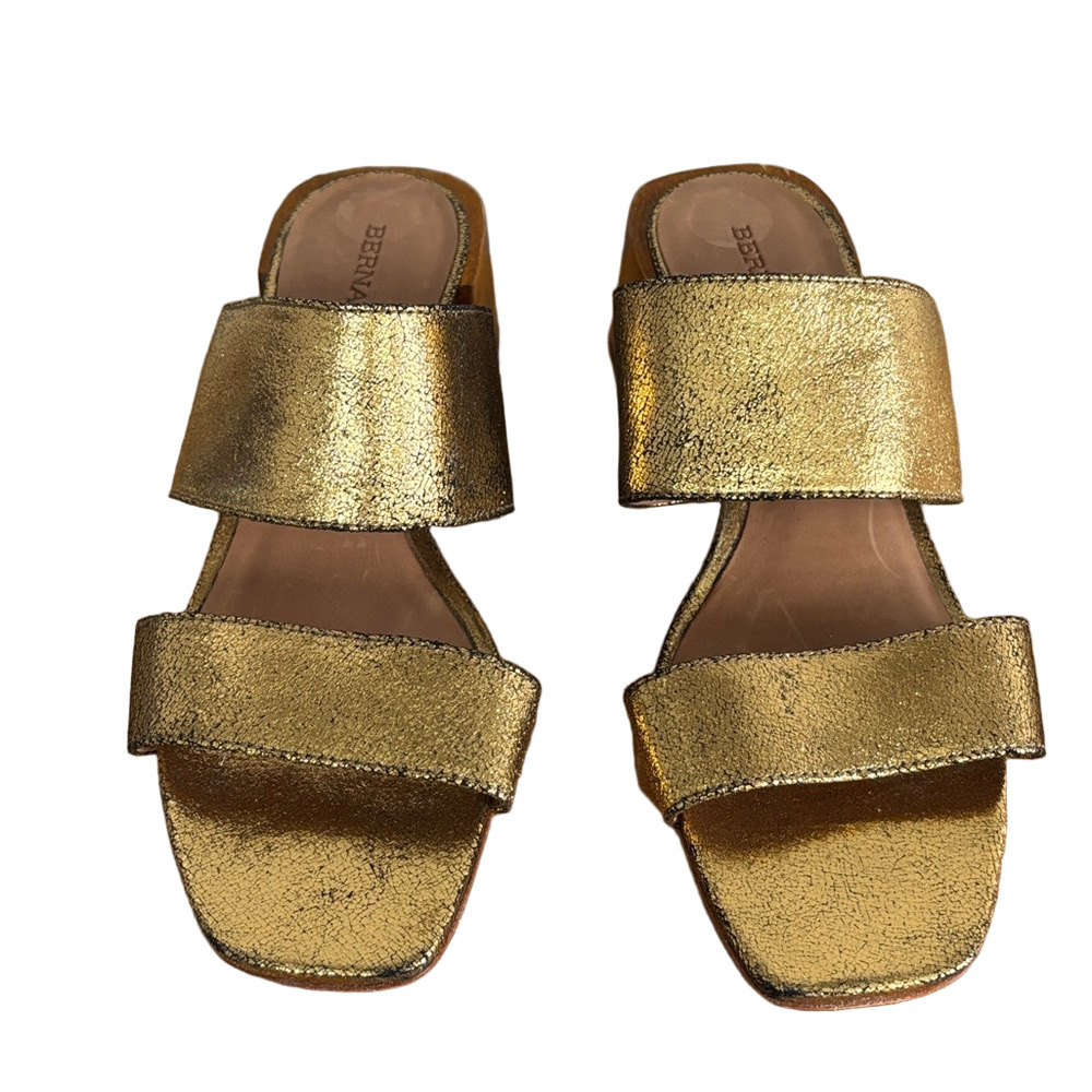 Bernardo Y2K Bri Metallic Gold Crackle Leather Slide Sandals Chunky Heel - Picture 3 of 10